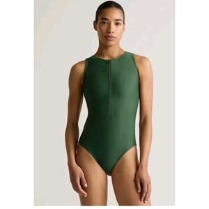 NWT Quince Women's Italian Zip-Front One-Piece Swimsuit Palm Green Large